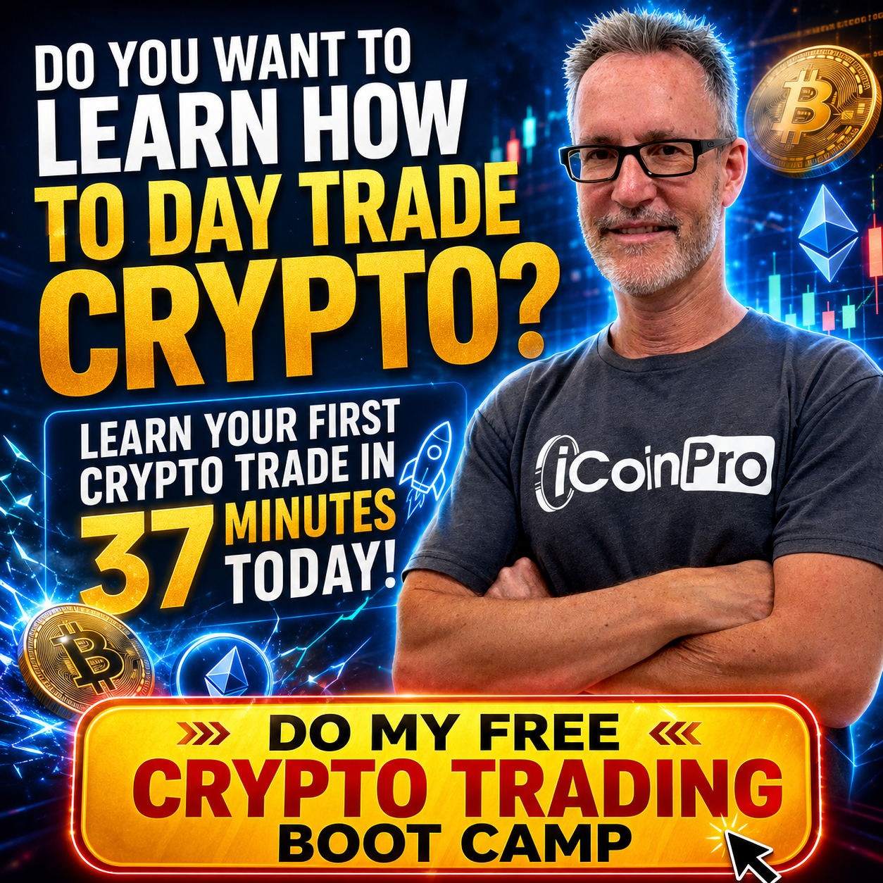 Crypto trading boot camp advertisement with iCoinPro branding